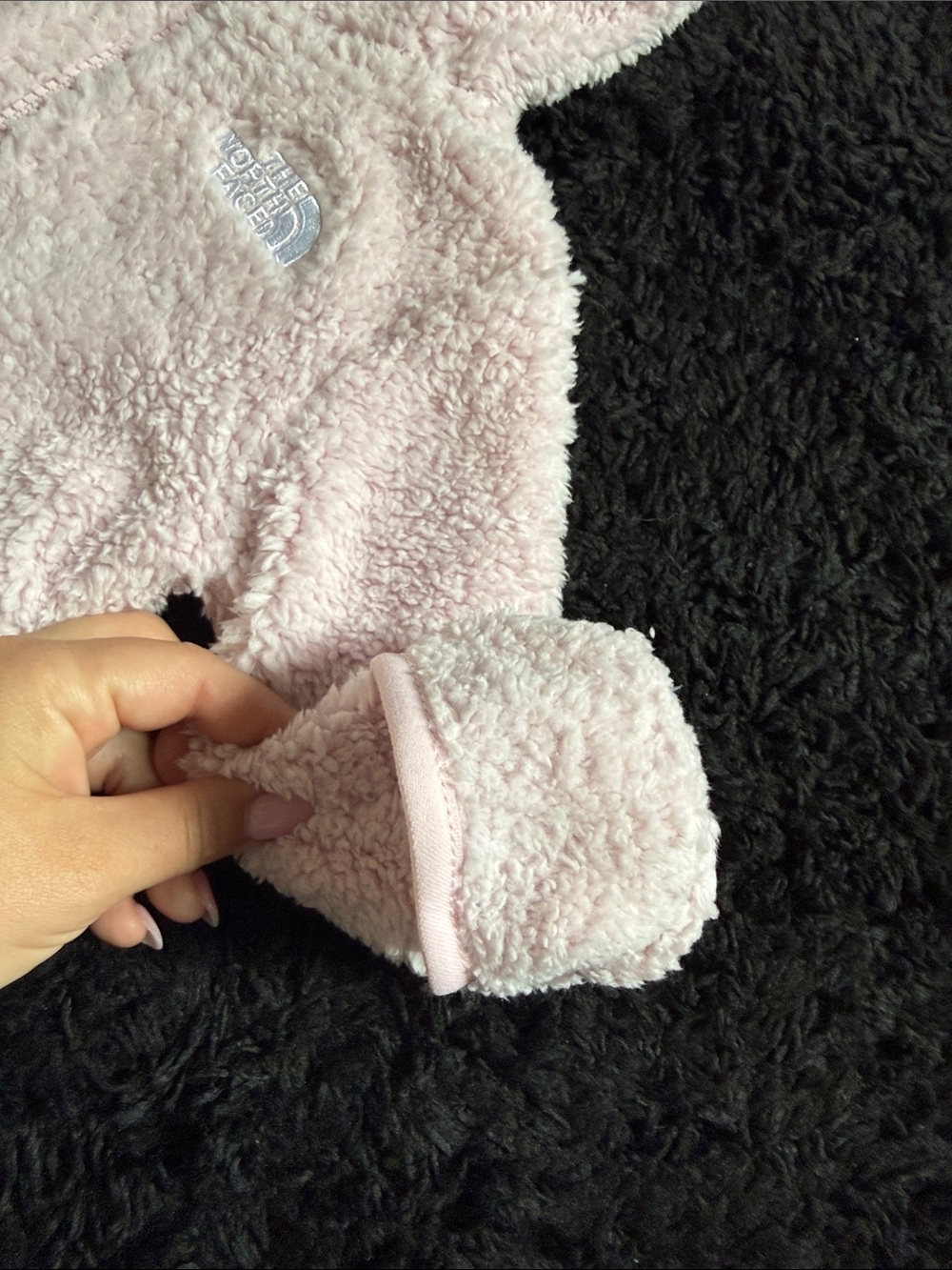 The North Face Light Pink Sherpa Baby One-Piece with Hooded Ears - Picture 3 of 14